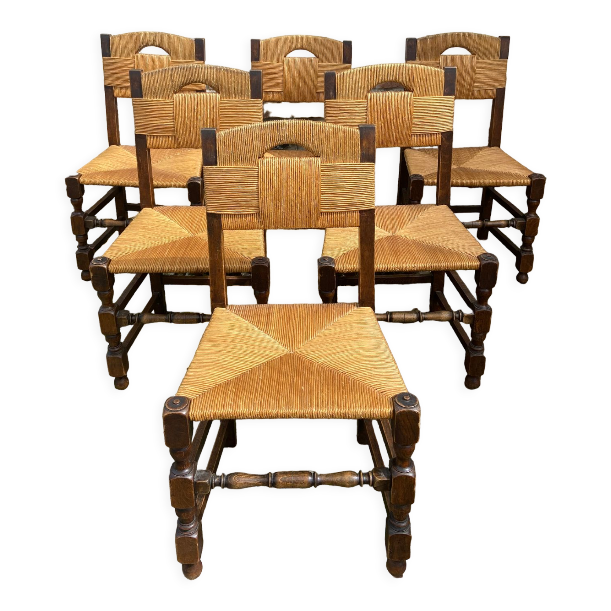 Six brutalist chairs straws and wood 60s