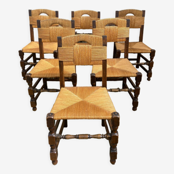 Six chaises brutalistes pailles et bois années 60