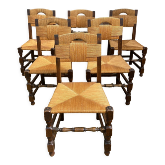 Six brutalist chairs straws and wood 60s
