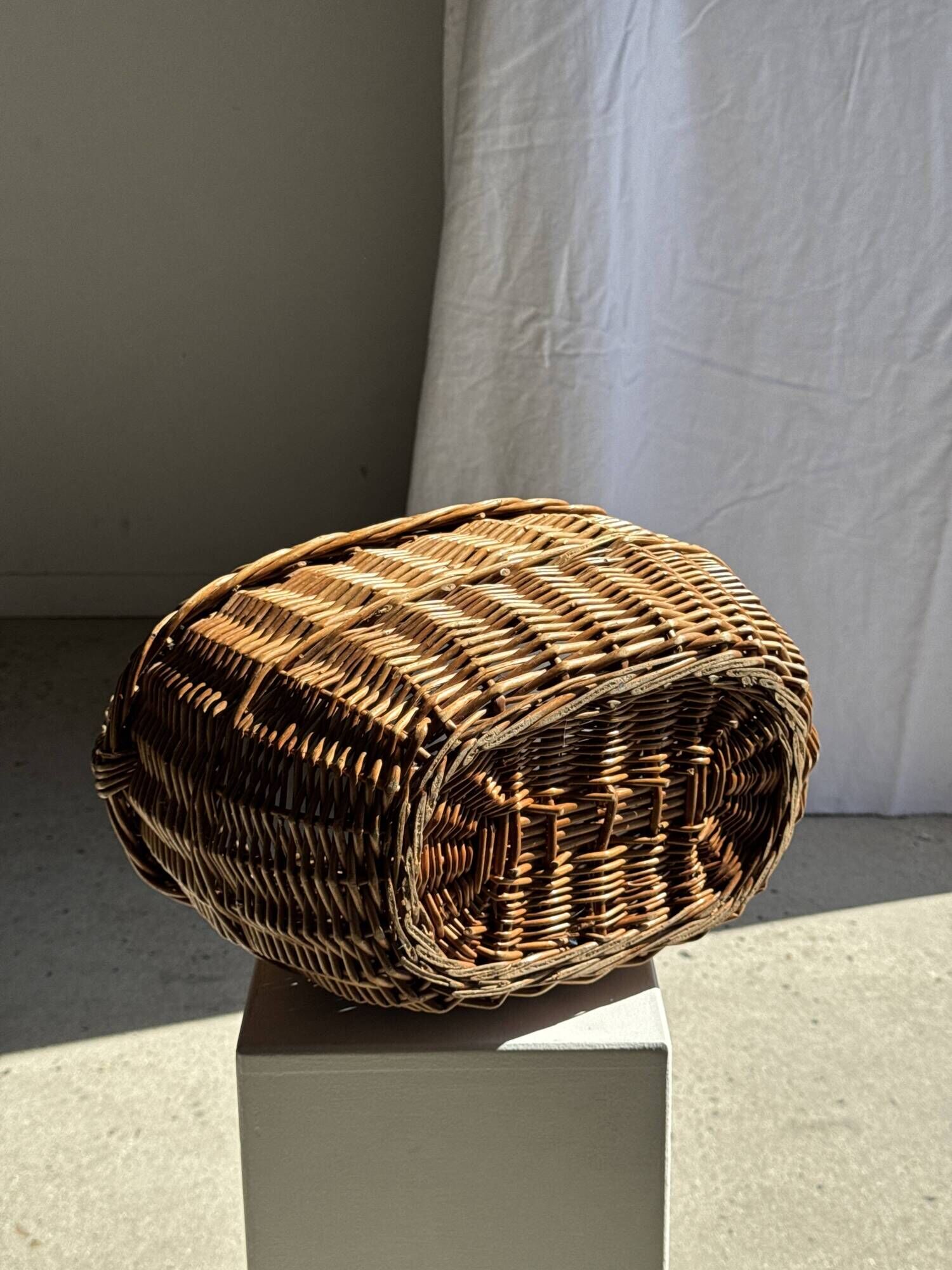 Large antique woven wicker basket with handle H45 L43 D25