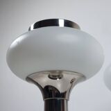 Pair of vintage futuristic style table lamps in chrome and opal glass.