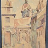 French school 20th century "the old village and its church" watercolor, circa 1935