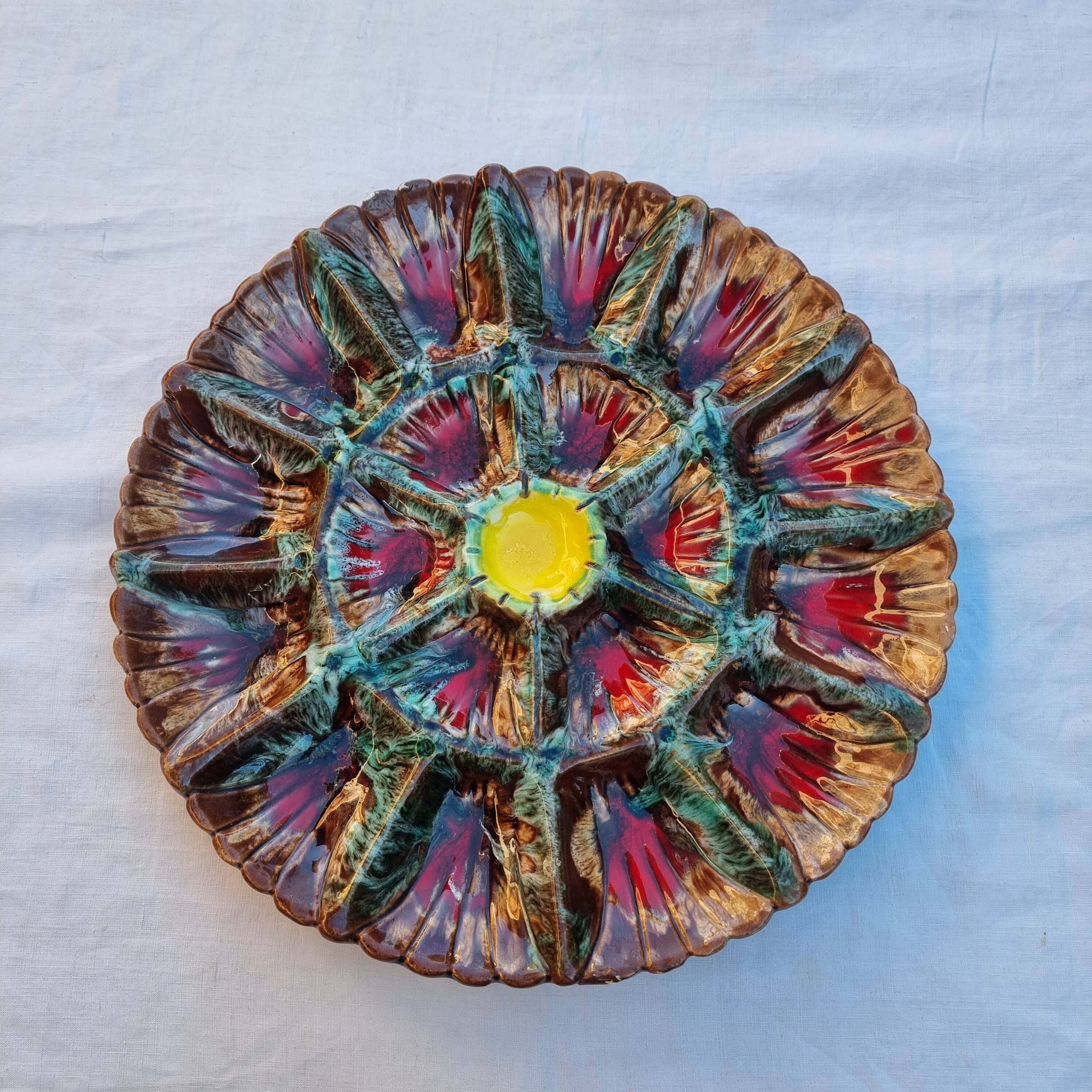 Handmade painted and glazed Barbotina ceramic oyster dish from Vallauris France ann