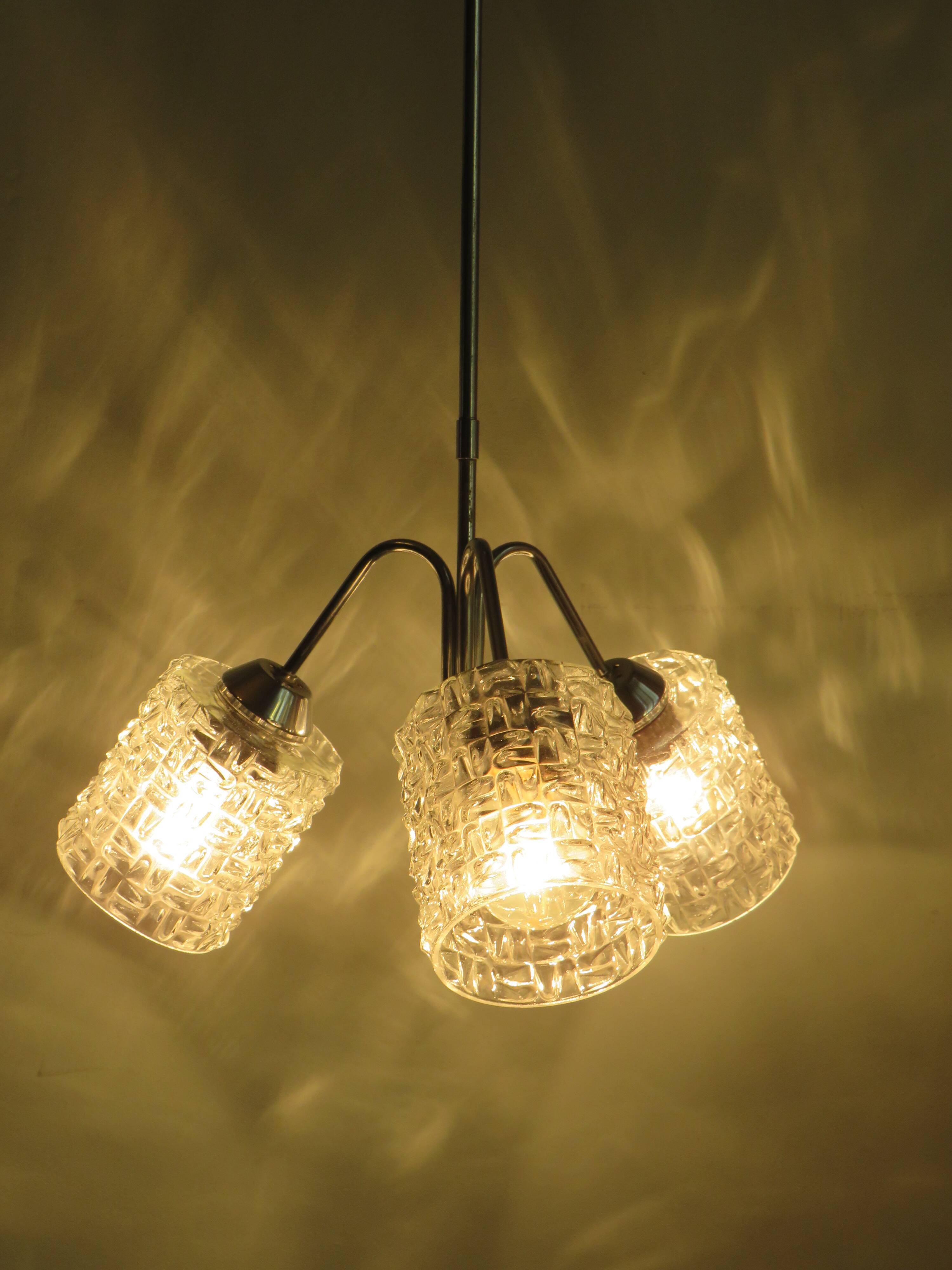 Mid-century chandelier, chrome and glass, Belgium 1960