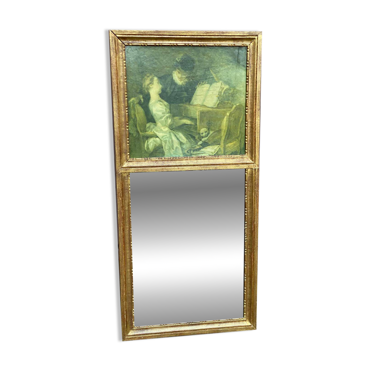 19th-century trumeau with mirror and music lesson canvas.