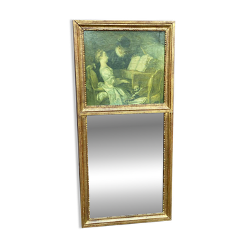 19th-century trumeau with mirror and music lesson canvas.