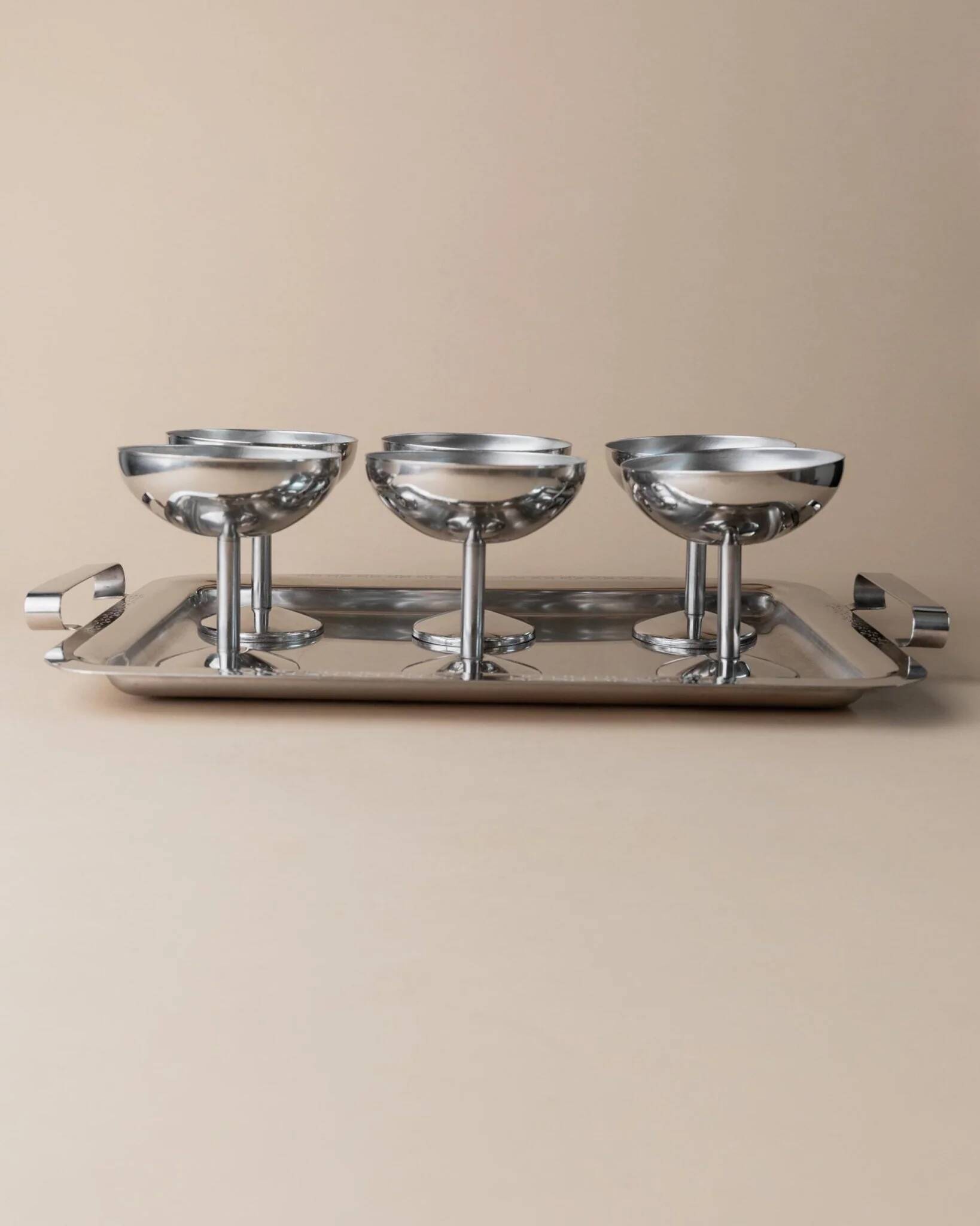 Silver-tone Stainless Steel Vintage Drinking Set for 6 with Tray, 1970s Italian Minimalist Design