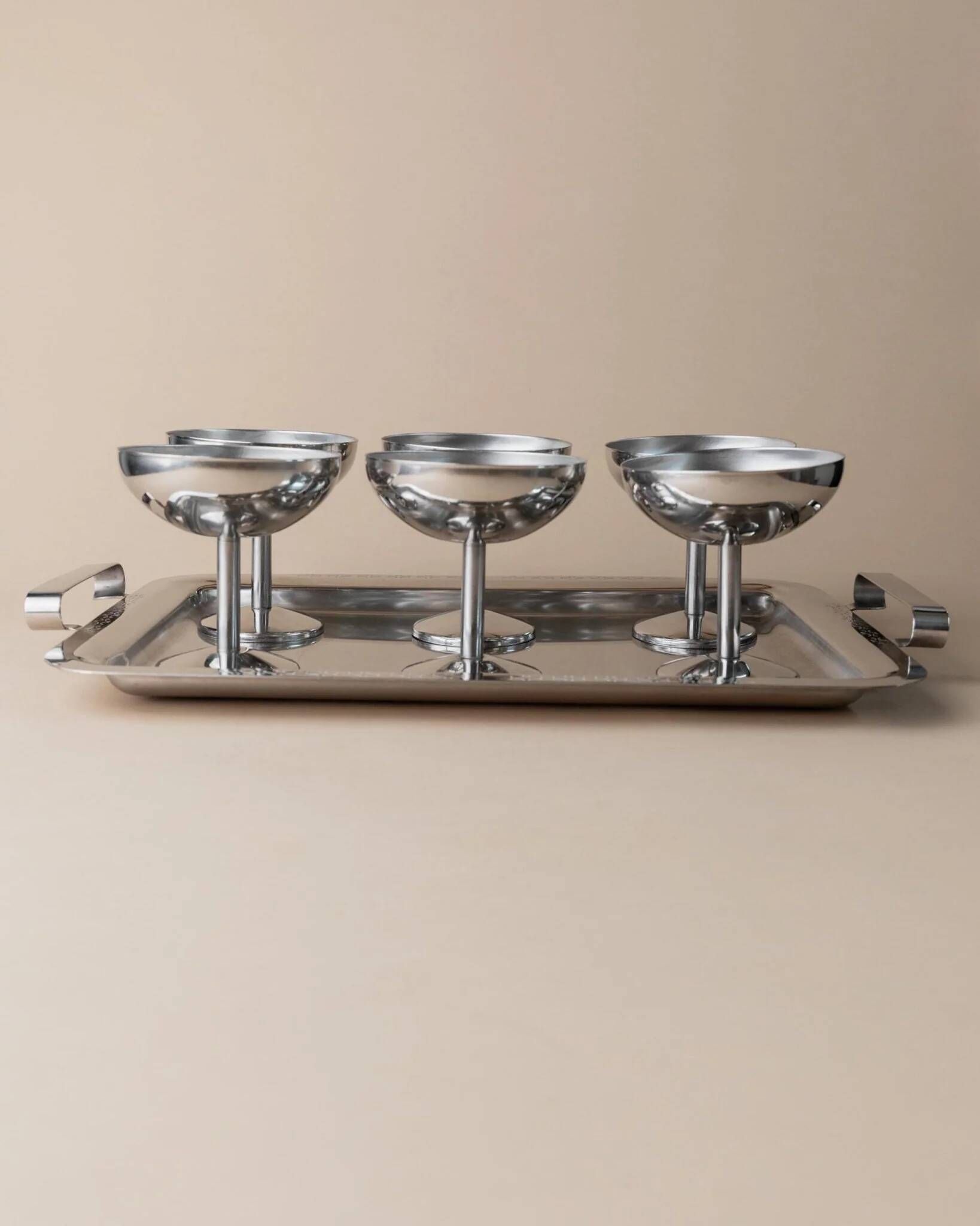 Silver-tone Stainless Steel Vintage Drinking Set for 6 with Tray, 1970s Italian Minimalist Design