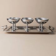 Silver-tone Stainless Steel Vintage Drinking Set for 6 with Tray, 1970s Italian Minimalist Design