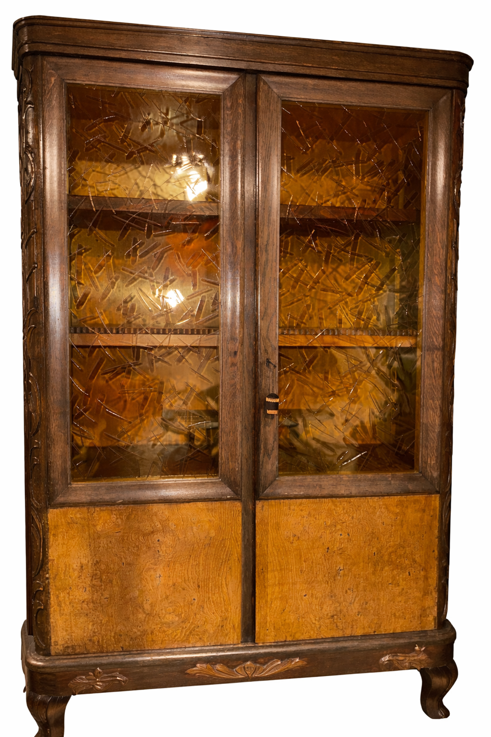 Art Deco display cabinet in oak with amber glass panels – 1930s