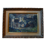 Painting, dark seaside landscape, oil on cardboard attributed to Pierre Peltier, 1943
