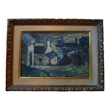 Painting, dark seaside landscape, oil on cardboard attributed to Pierre Peltier, 1943
