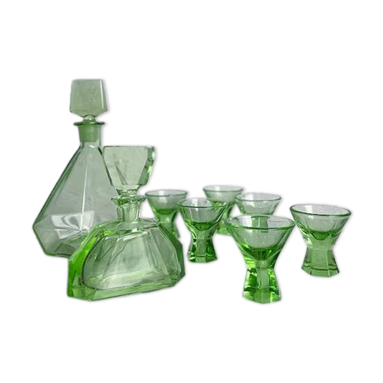 Green glass Art Deco liquor  set, Czechoslovakia 1920s-1930s