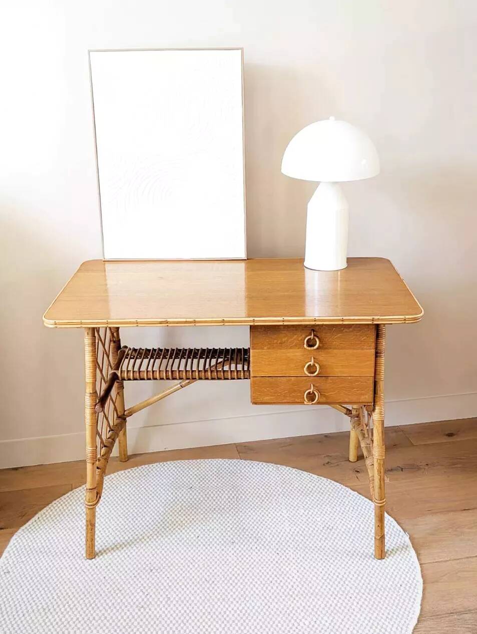 Vintage wood and rattan desk by L. Sognot