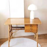 Vintage wood and rattan desk by L. Sognot