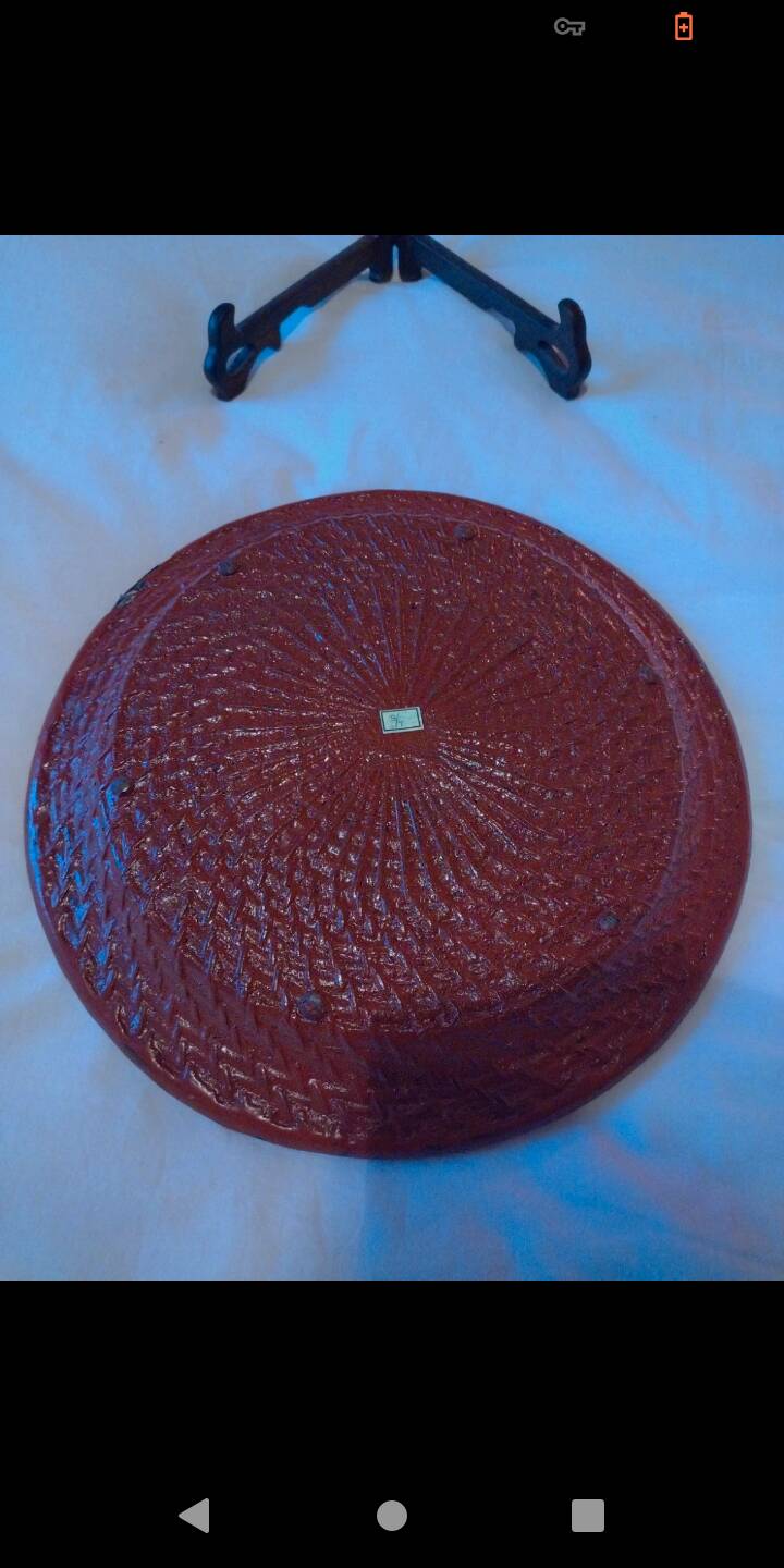 Dish, Indian tray painted in burgundy and tripod