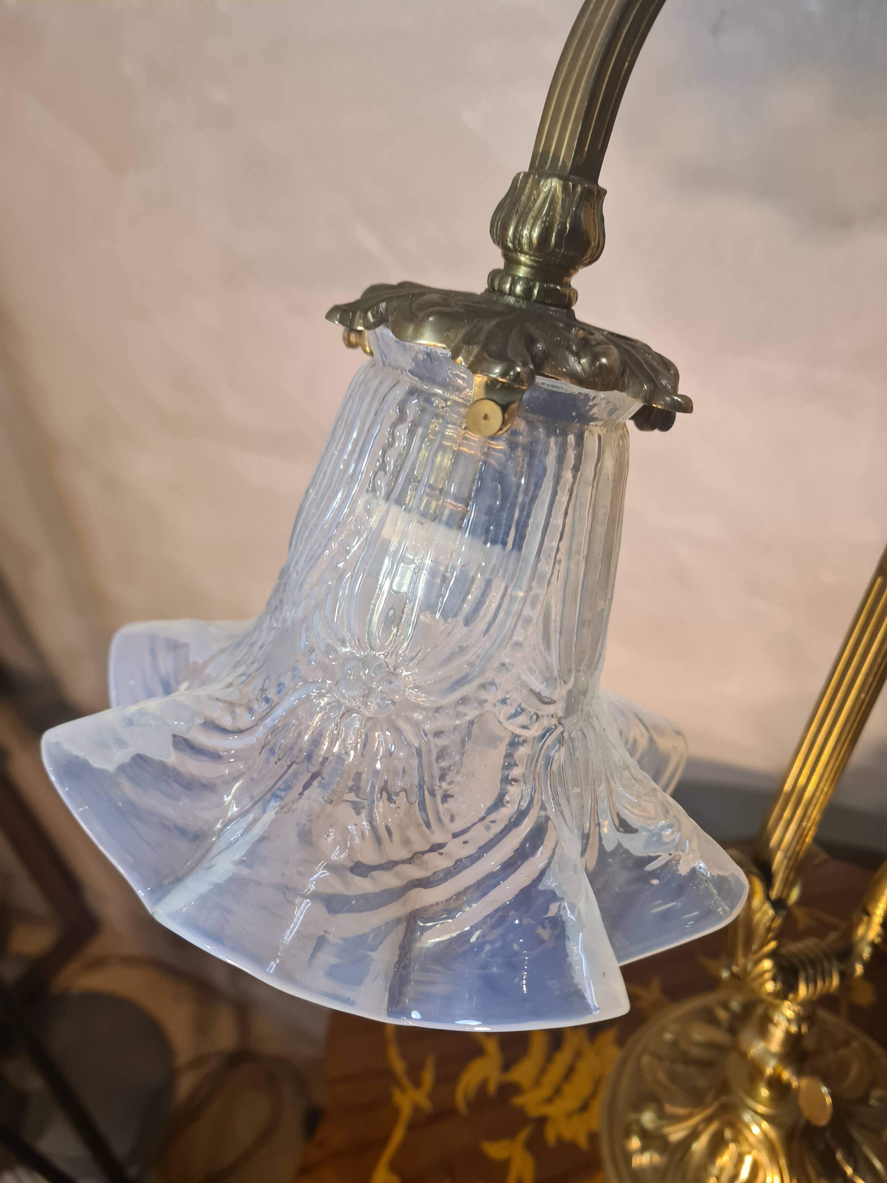 bronze and brass lamp with a magnificent blue moulded tulip, opalescent,