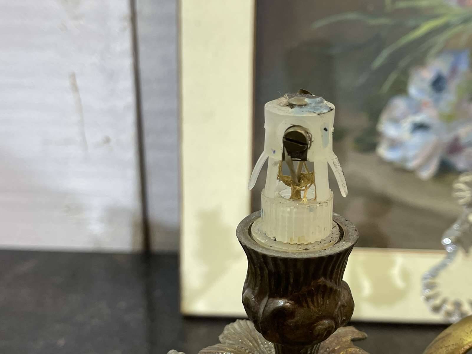 Pair of bronze chandeliers with crystal drops from the 1960s