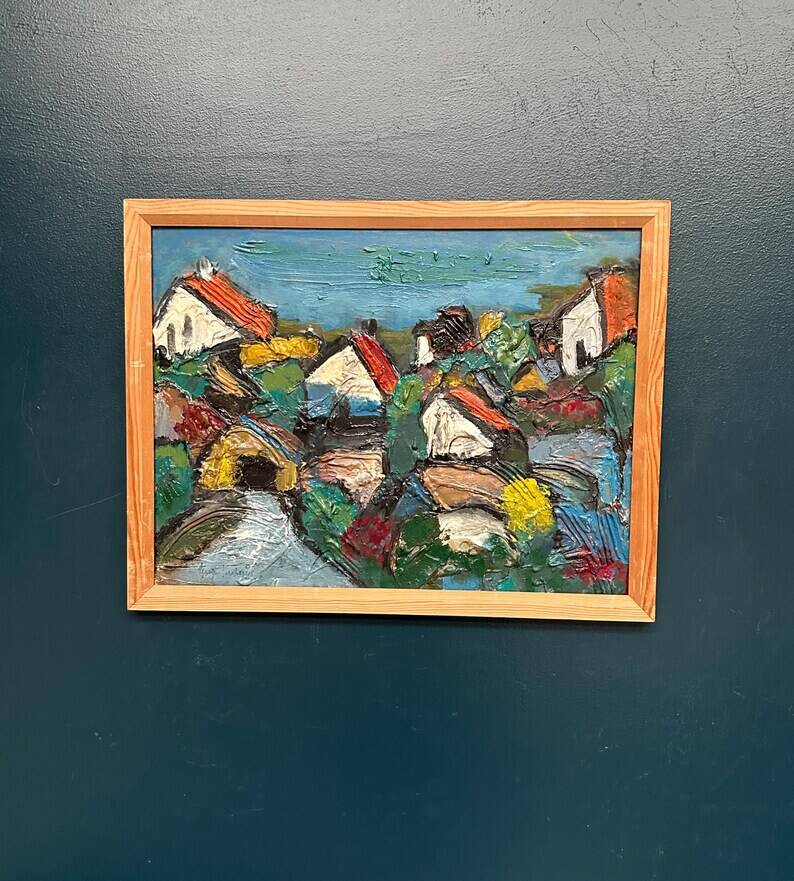 Original Swedish Oil on Panel – "Village Scene (Thick Impasto)" – Signed – Vintage and Framed