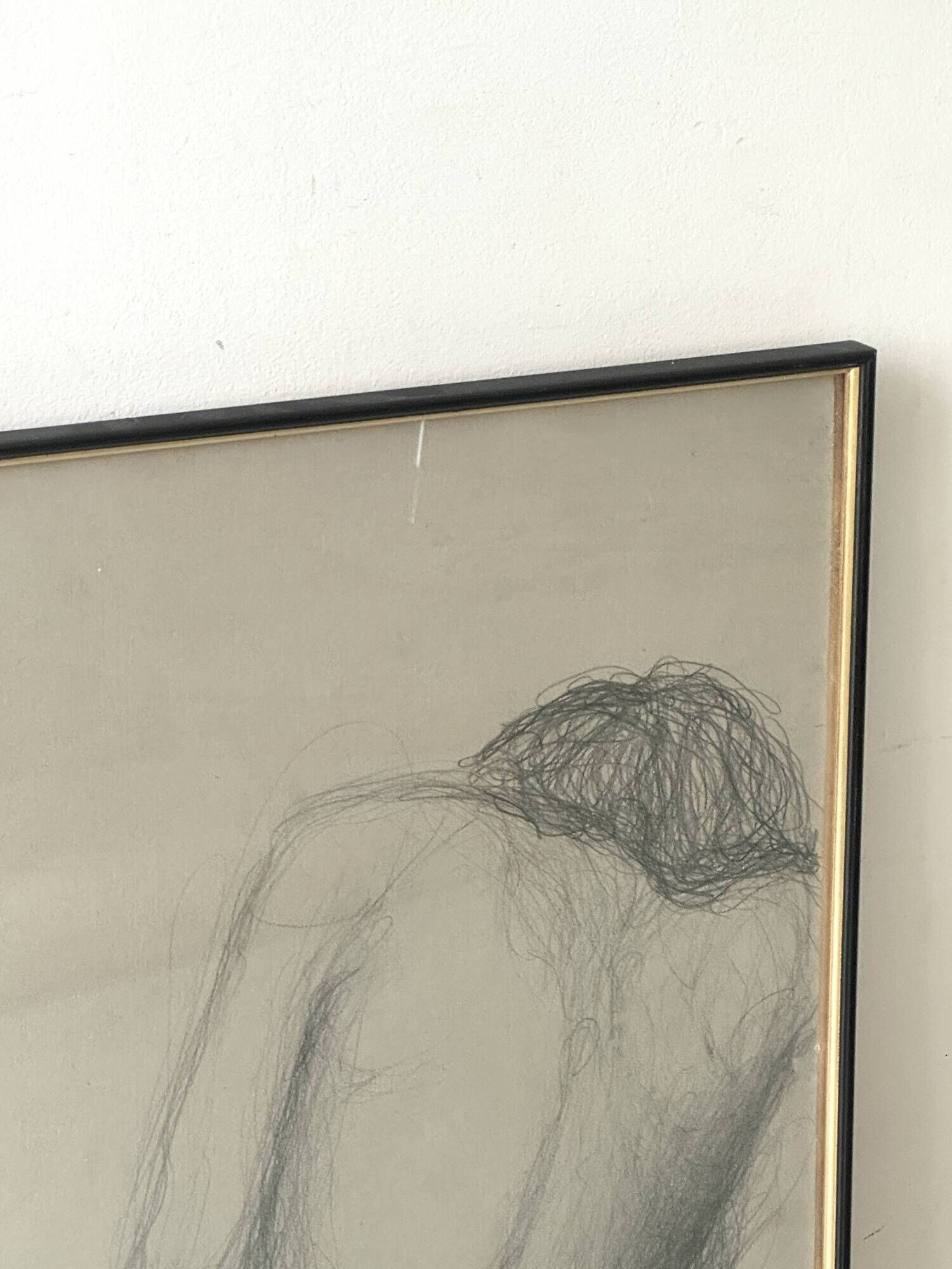 Large original drawing of a female nude, pencil on paper under glass signed XX.