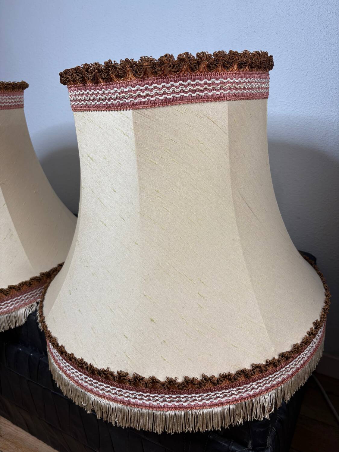 Pair of antique fabric lampshades with fringe