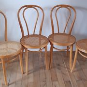 Set of 4 bistro chairs in turned wood and cannage rattan 50s