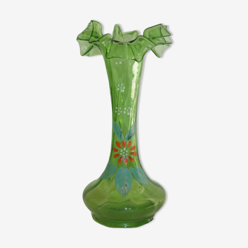 Old vase in enamelled glass decoration of flowers with skirted neck-Ht 17cm