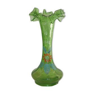 Old vase in enamelled glass decoration of flowers with skirted neck-Ht 17cm