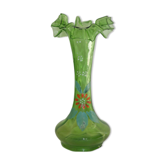 Vase ancien en verre émaillé décor de fleurs à col juponné-Ht 17cm