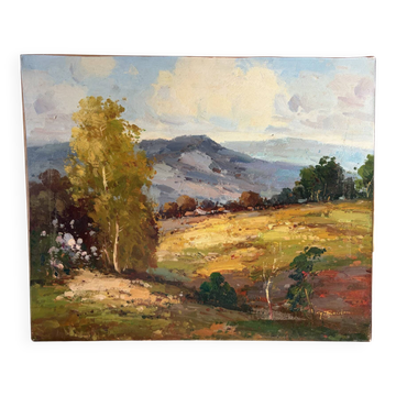 Paysage - vue sur les collines, huile sur toile signée