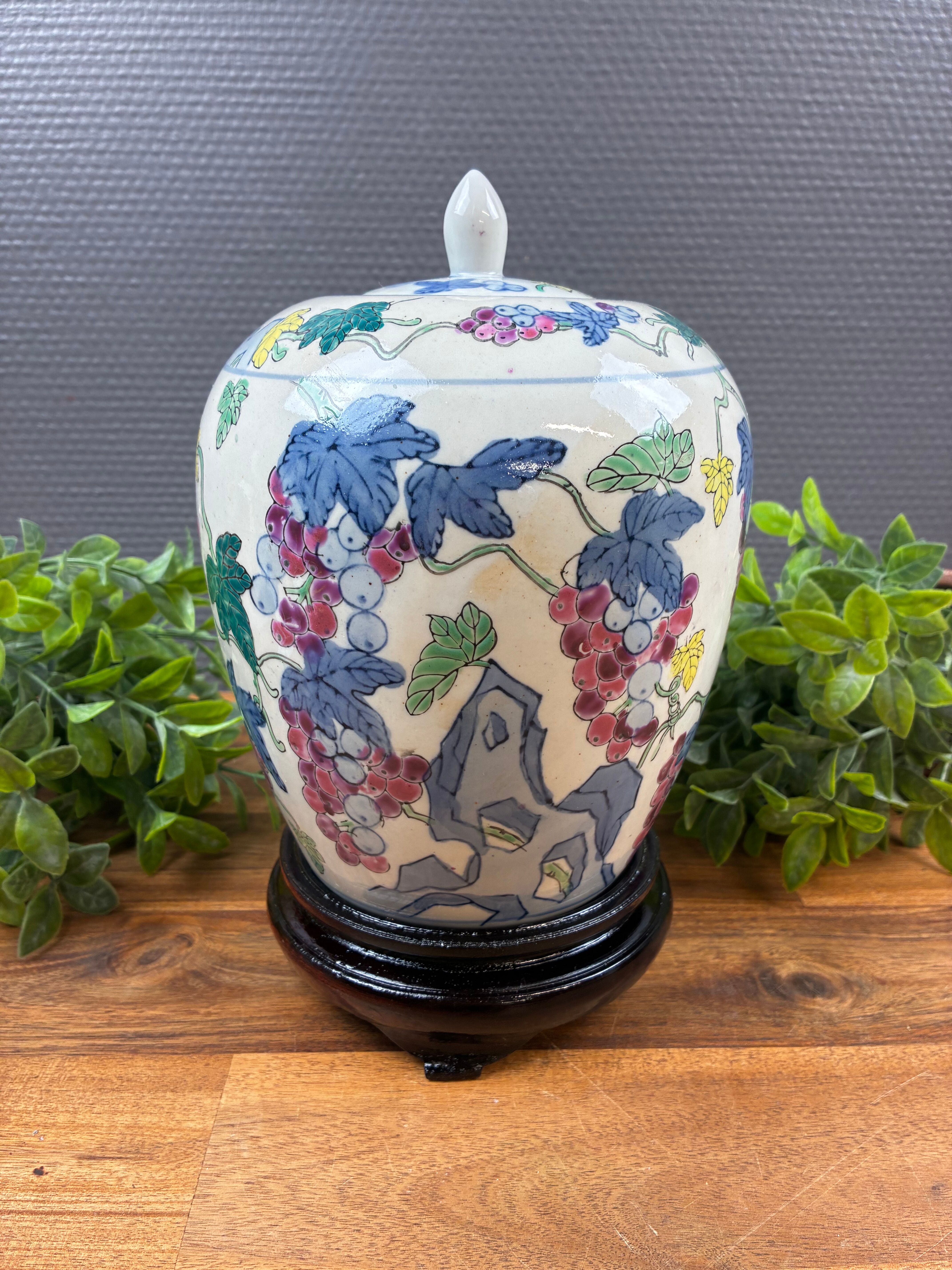 Asian Porcelain Ball Vase Decorated with a Bunch of Grapes