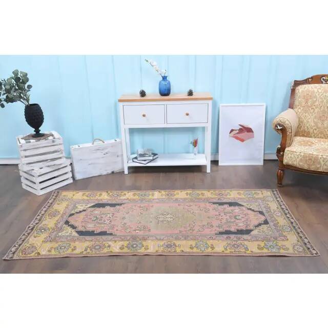 1970s Turkish Oushak Handmade Wool Cotton Pink Area Rug 108x225