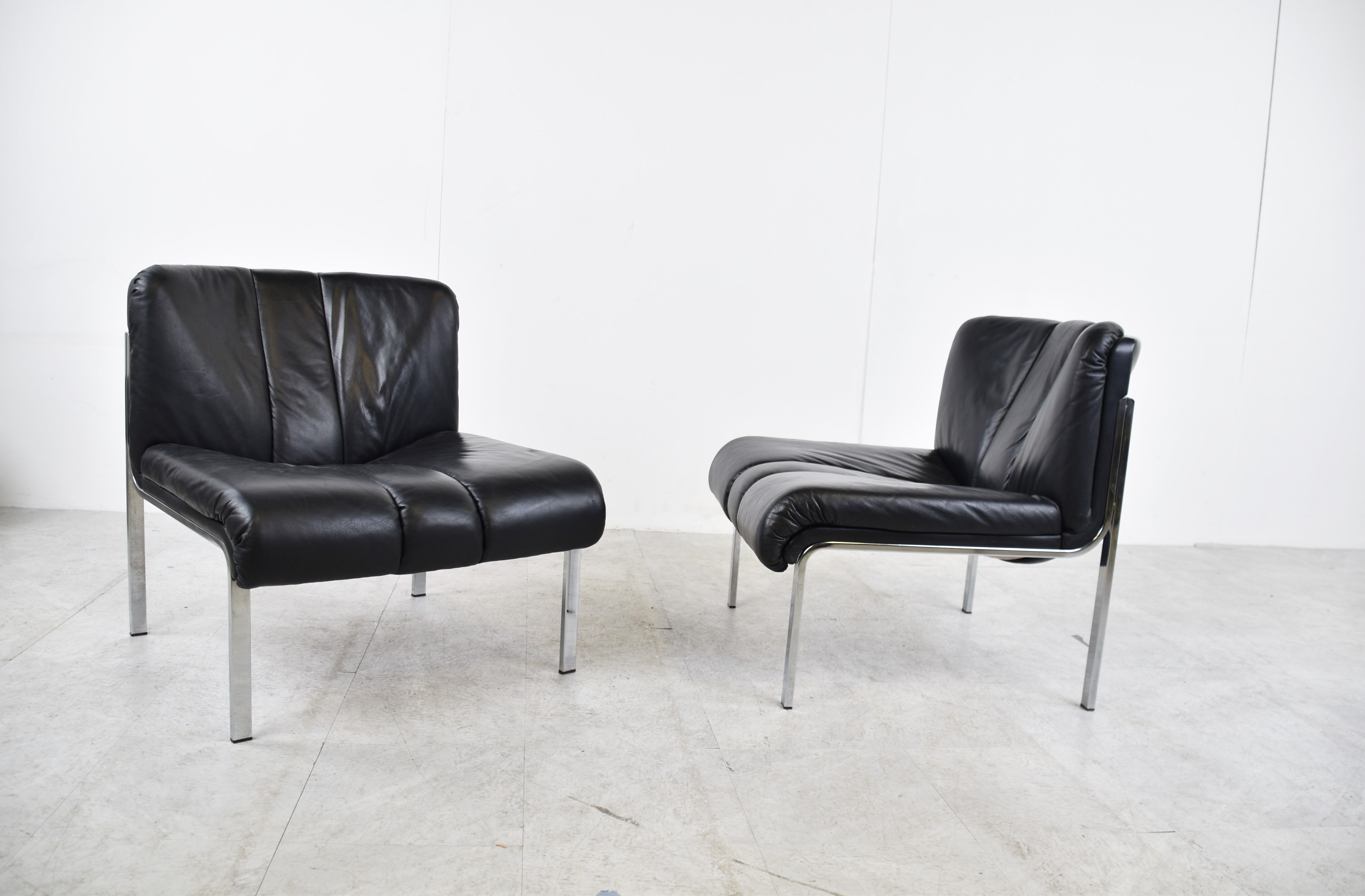 Vintage leather and chrome eurochair lounge chairs by Girsberger, 1970s