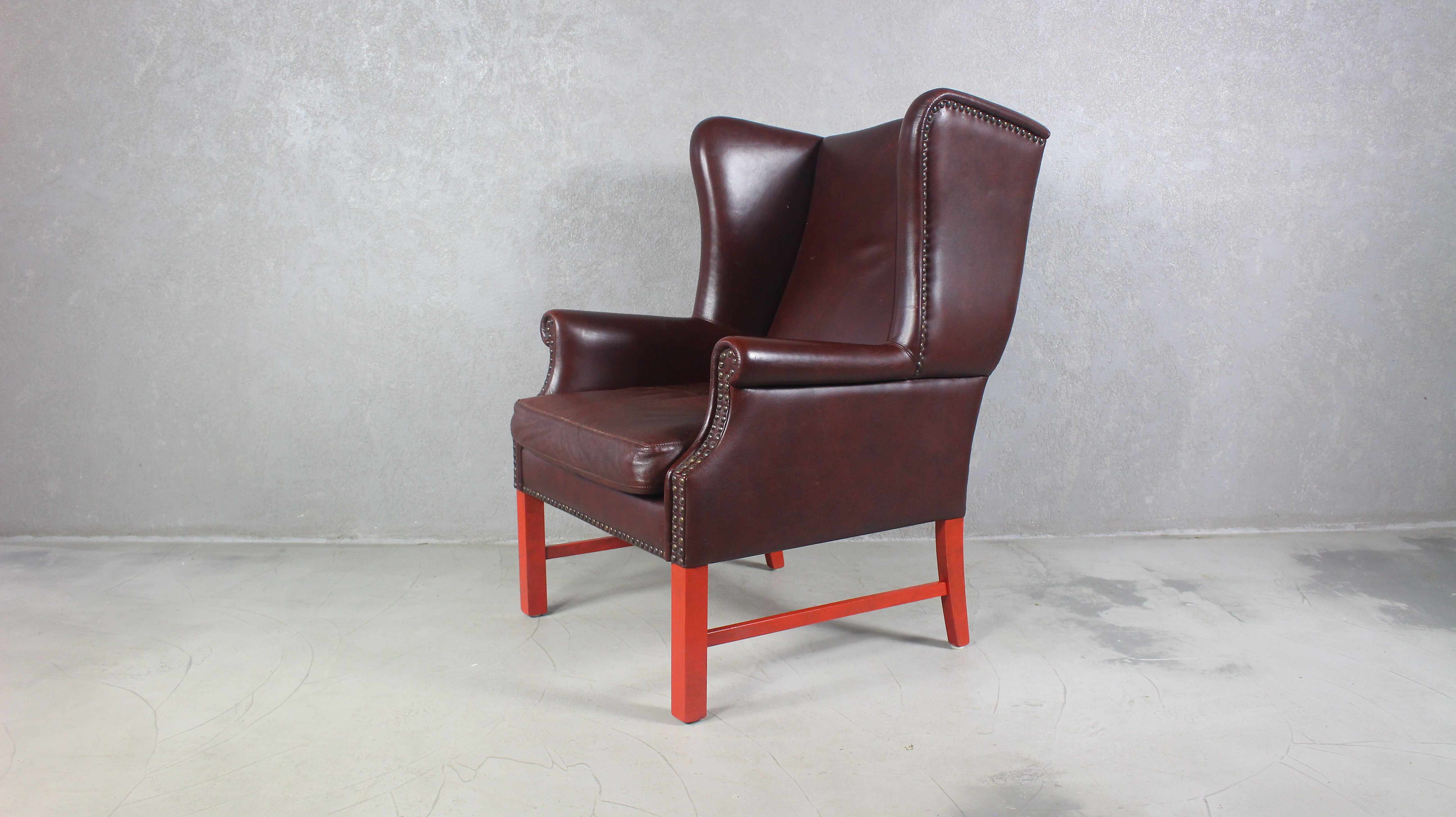 English Georgian Style Brown Leather Wingback Armchair