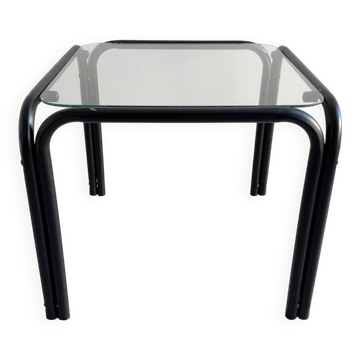 Vintage square black side table with a glass top
