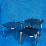 SET OF 3 NESTING TABLES WITH CHROME METAL DOUBLE BASE AND SMOKED GLASS