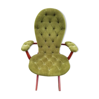 Olive green velvet Chesterfield armchair