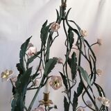 Lustre cage tôle et fleurs émaillées 19ème siècle