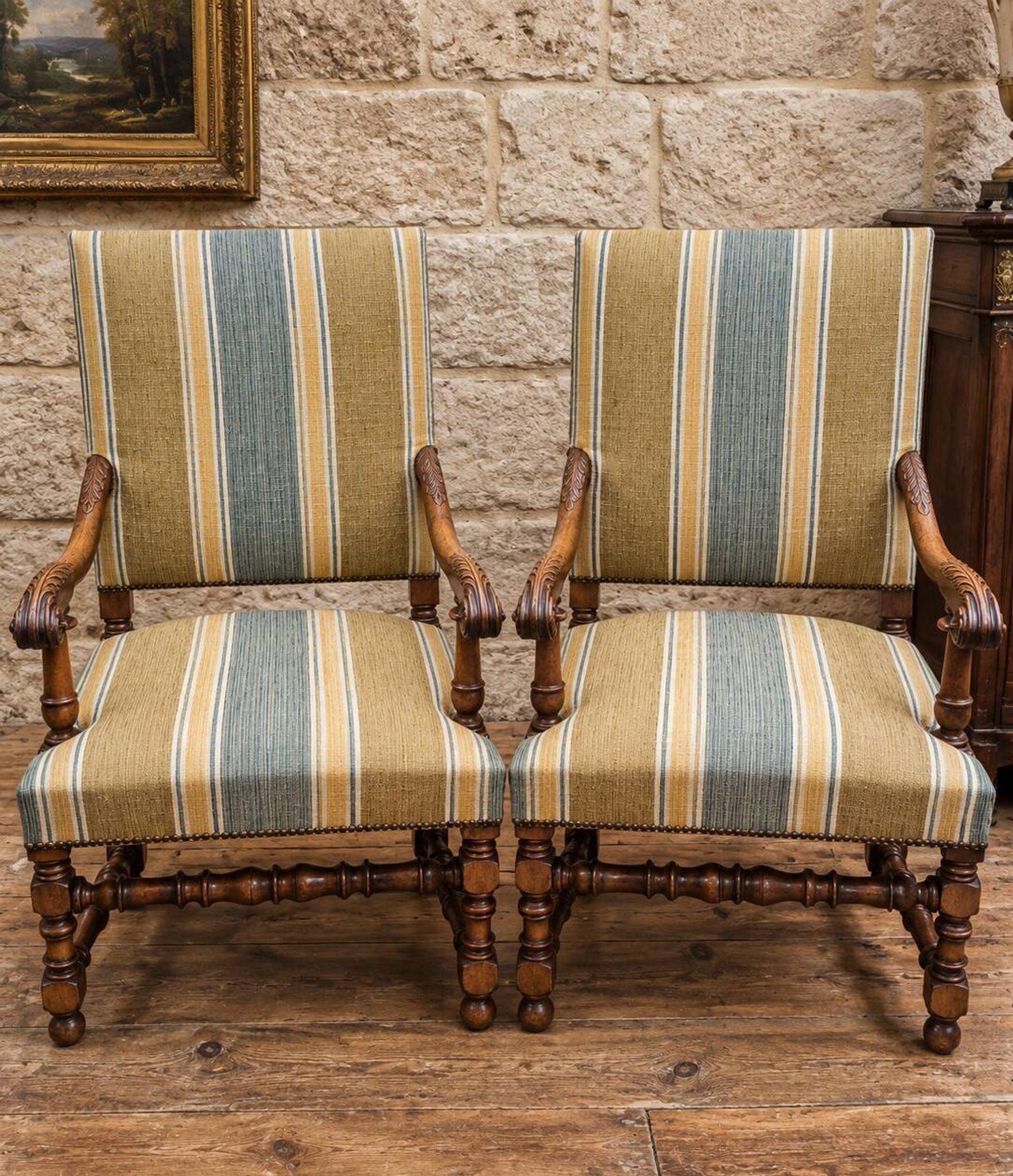 Pair of walnut armchairs – Louis XIII style – Turned and carved wood - X