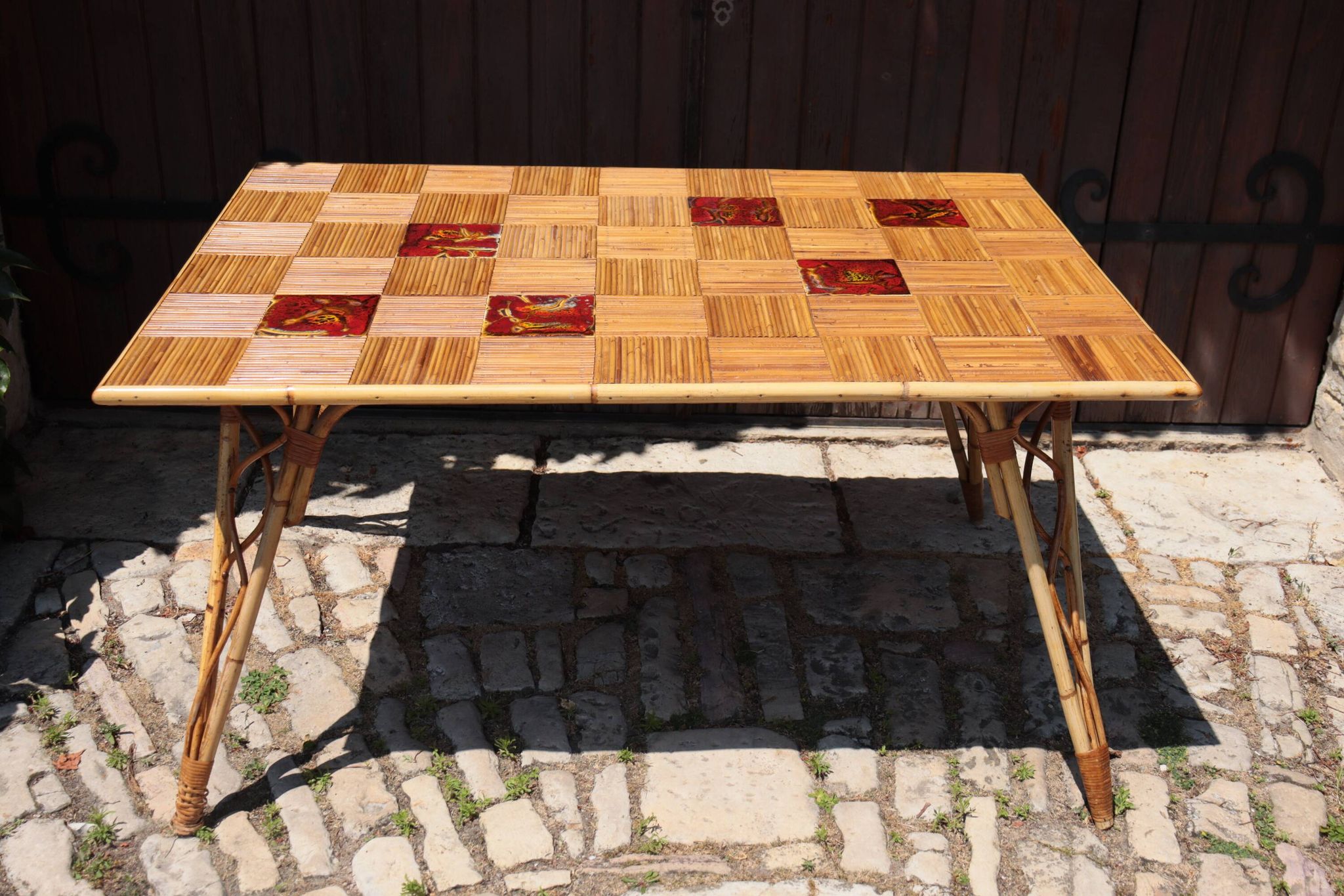Audoux Minet attribution  rattan and ceramic dining table
