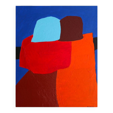 Art figuratif couple fond bleu signé