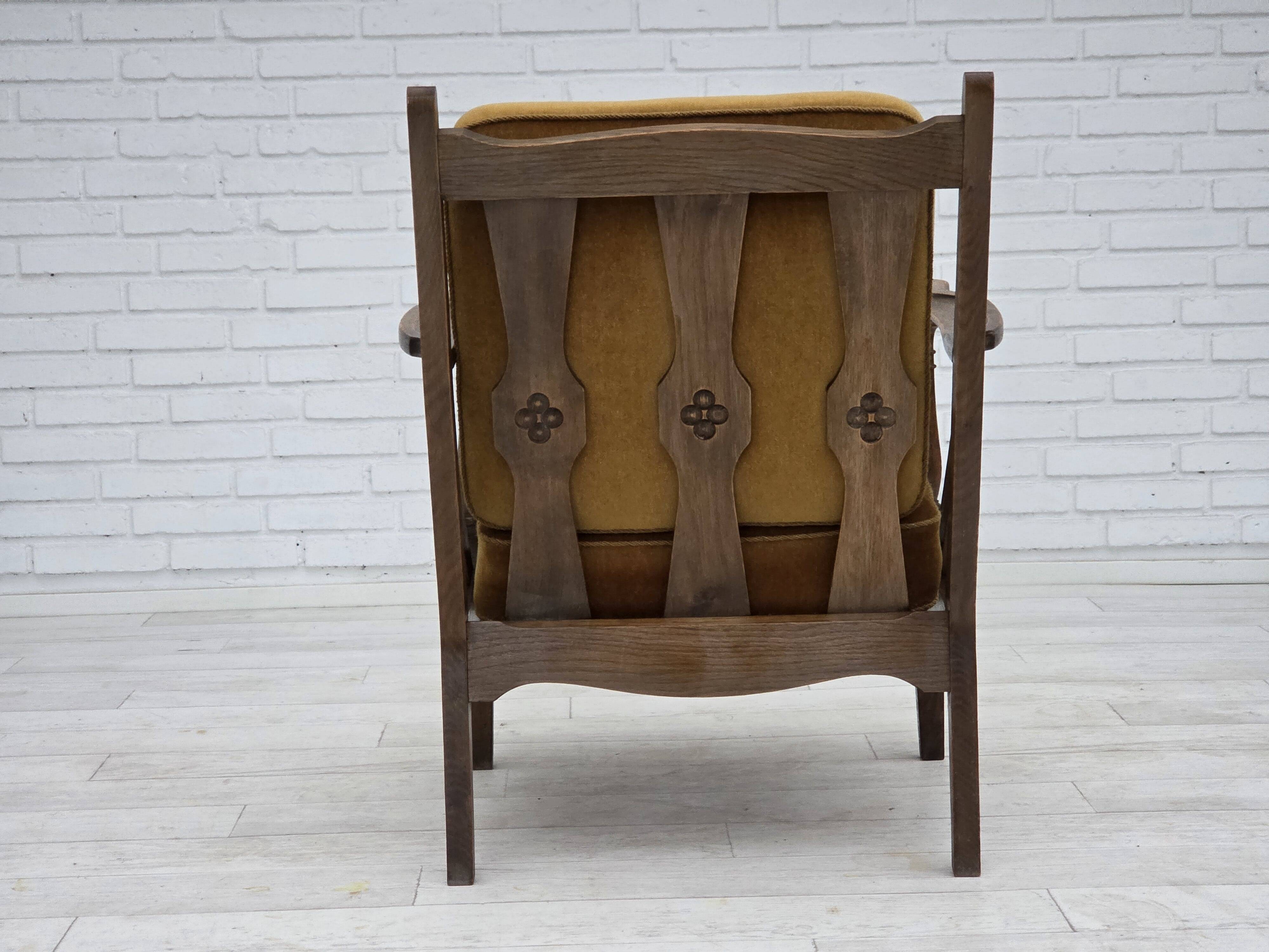 1950s, Danish vintage armchair, original green furniture velour, oak wood.