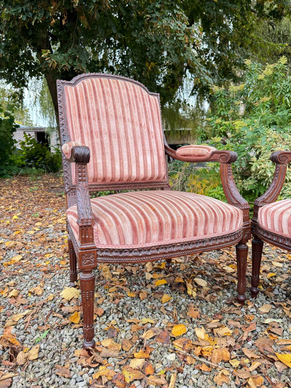 Pair of Louis XVI Style Mahogany Flat Back Armchairs, 19th Century