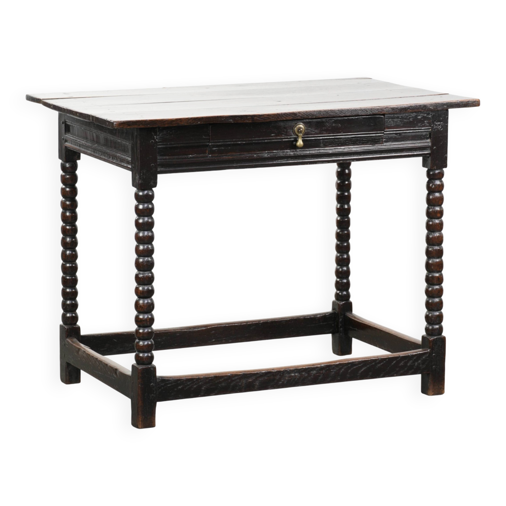 Antique English oak side table from the 18th century with bobbin legs