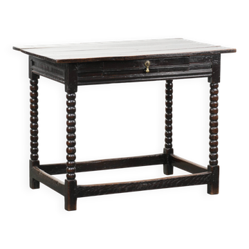 Antique English oak side table from the 18th century with bobbin legs