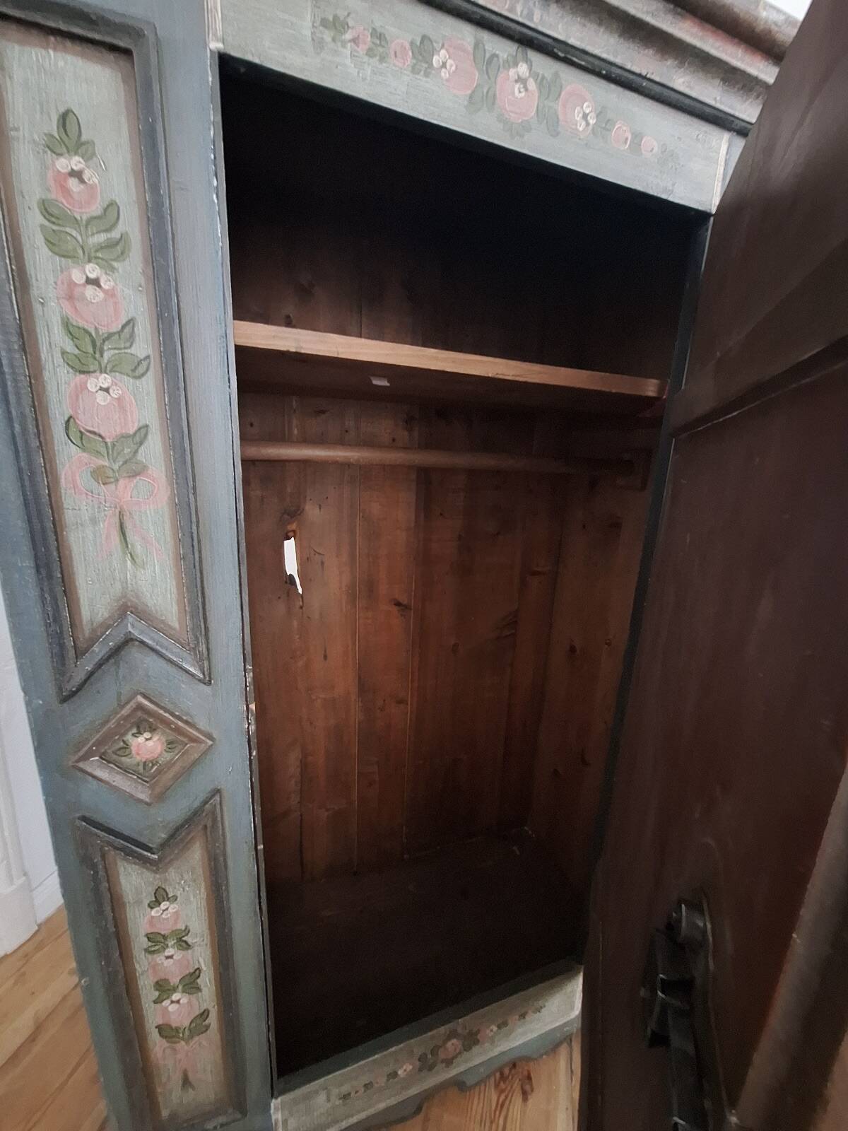 Antique blue hand-painted small Alpine wardrobe, circa 1810-20