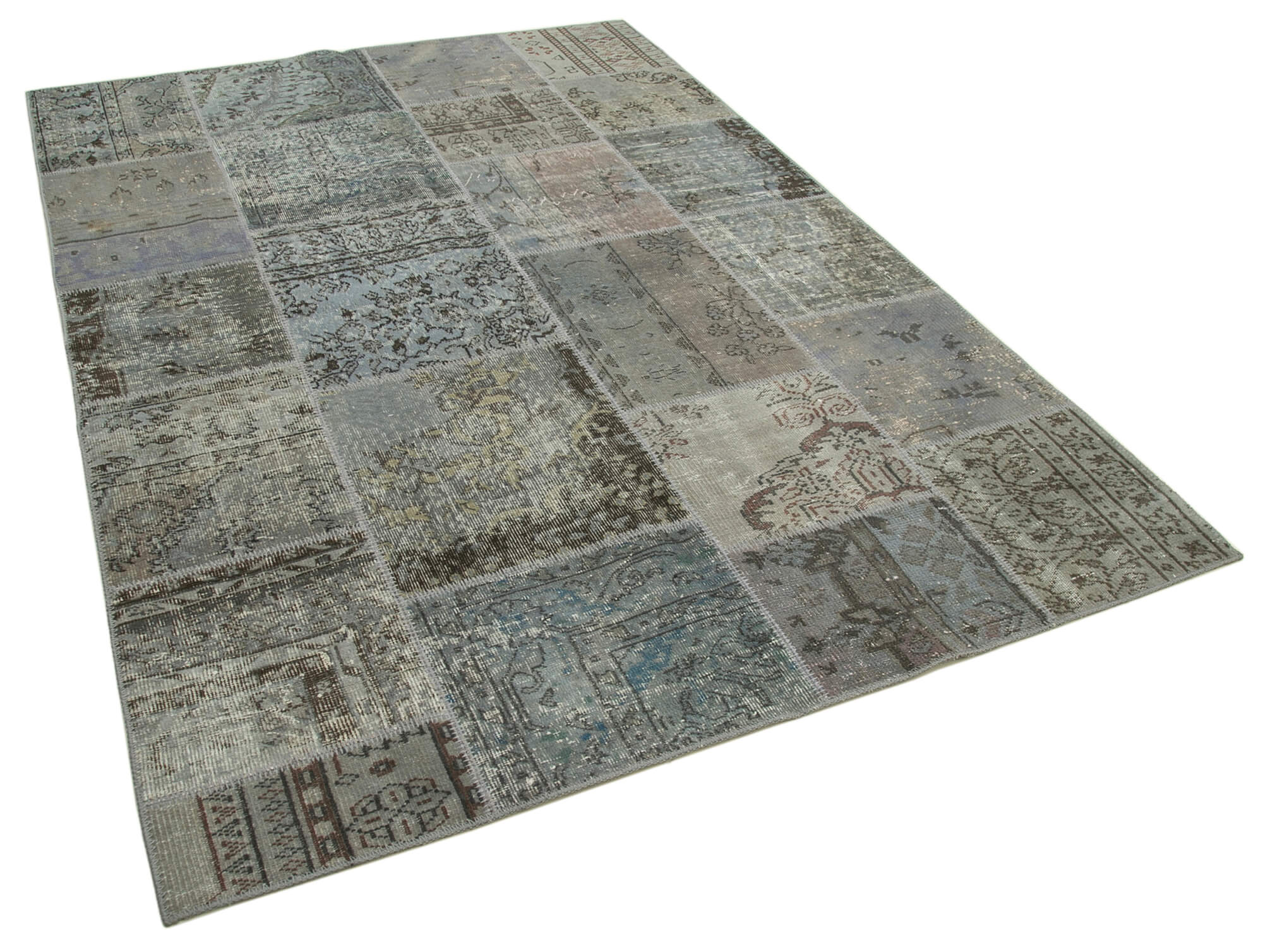 Hand-knotted turkish vintage 172 cm x 245 cm grey patchwork carpet
