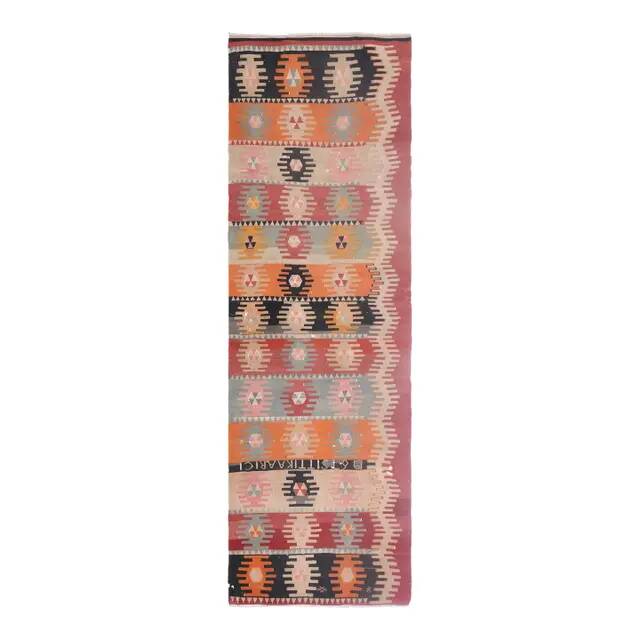 1970s Vintage Turkish Handmade Wool Cotton Orange Kilim Rug 97x295