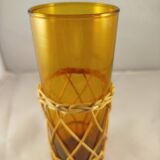 Carafe and 5 glasses set, amber glass and woven wicker, bohemian chic