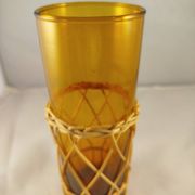 Carafe and 5 glasses set, amber glass and woven wicker, bohemian chic